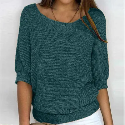 Summer Women Casual Solid Color Round Neck Knit Top Lantern Sleeve Pullover