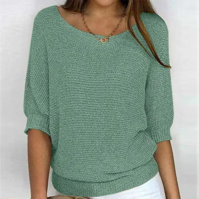 Summer Women Casual Solid Color Round Neck Knit Top Lantern Sleeve Pullover