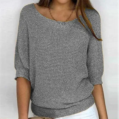Summer Women Casual Solid Color Round Neck Knit Top Lantern Sleeve Pullover