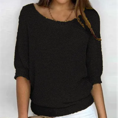 Summer Women Casual Solid Color Round Neck Knit Top Lantern Sleeve Pullover