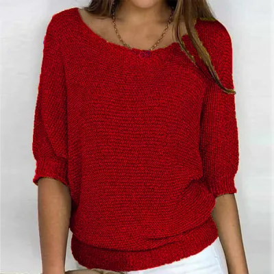 Summer Women Casual Solid Color Round Neck Knit Top Lantern Sleeve Pullover