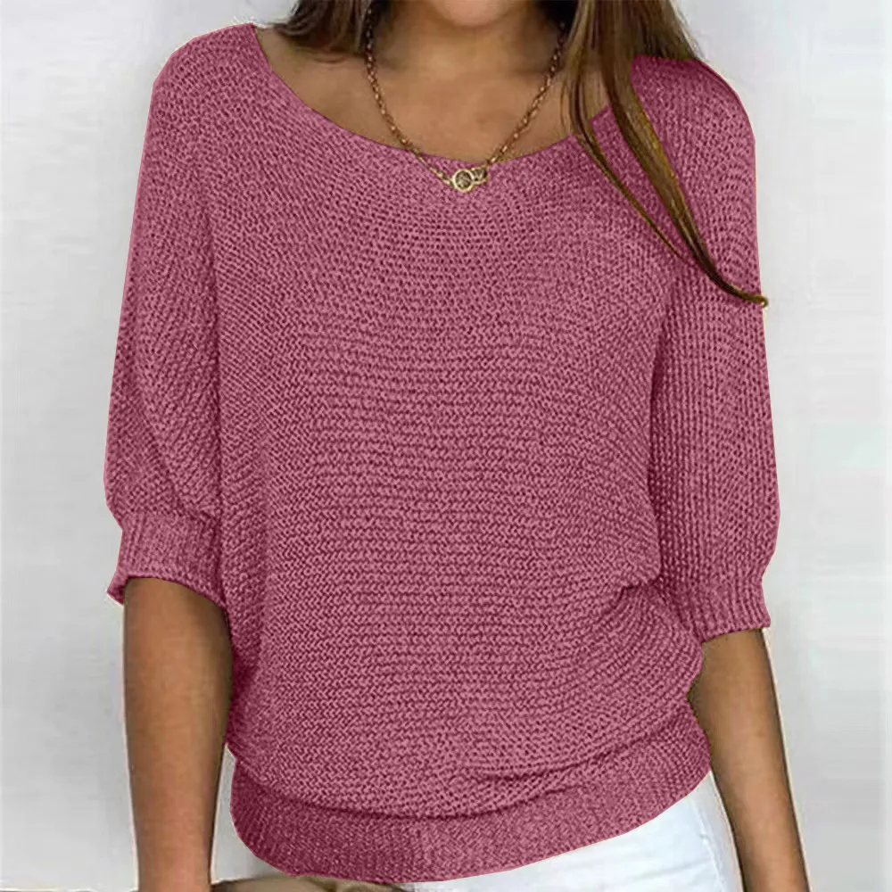 Summer Women Casual Solid Color Round Neck Knit Top Lantern Sleeve Pullover