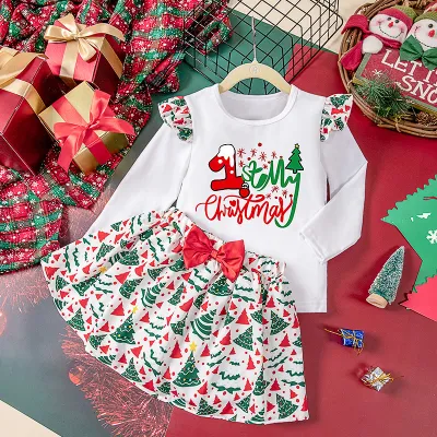Kids Toddler Girls Casual Cute Christmas Tiny Flower Print Long Sleeve T-Shirt Skirt Set