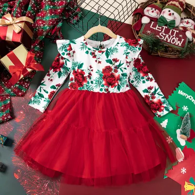 Kids Toddler Girls Casual Cute Christmas Flower Print Long Sleeve Mesh Dress