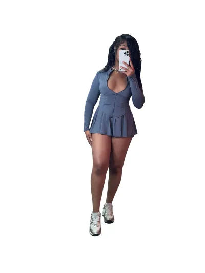 Women Casual Long-Sleeved Zipper Top Skirt Two-Piece Set With Safety Pants