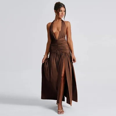 Women Elegant Halter V-Neck Side Slit Pleated Backless Maxi Dress