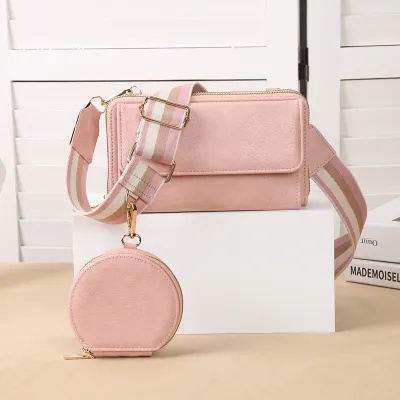 Women Multifunctional Flap Zipper Square Coin Purse Pendant Wide Side Shoulder Strap PU Crossbody Bag