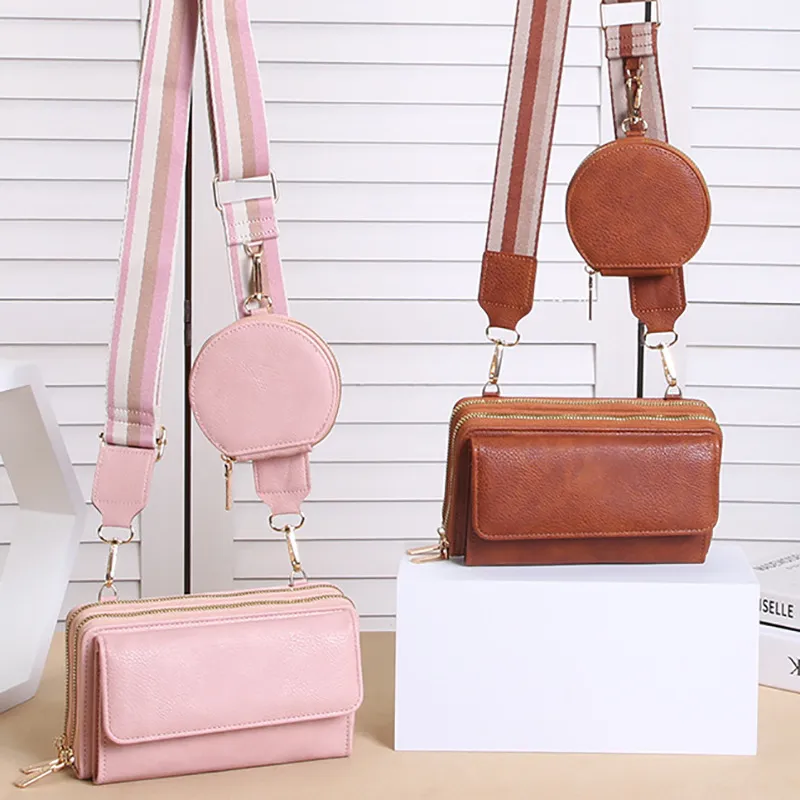 Women Multifunctional Flap Zipper Square Coin Purse Pendant Wide Side Shoulder Strap PU Crossbody Bag