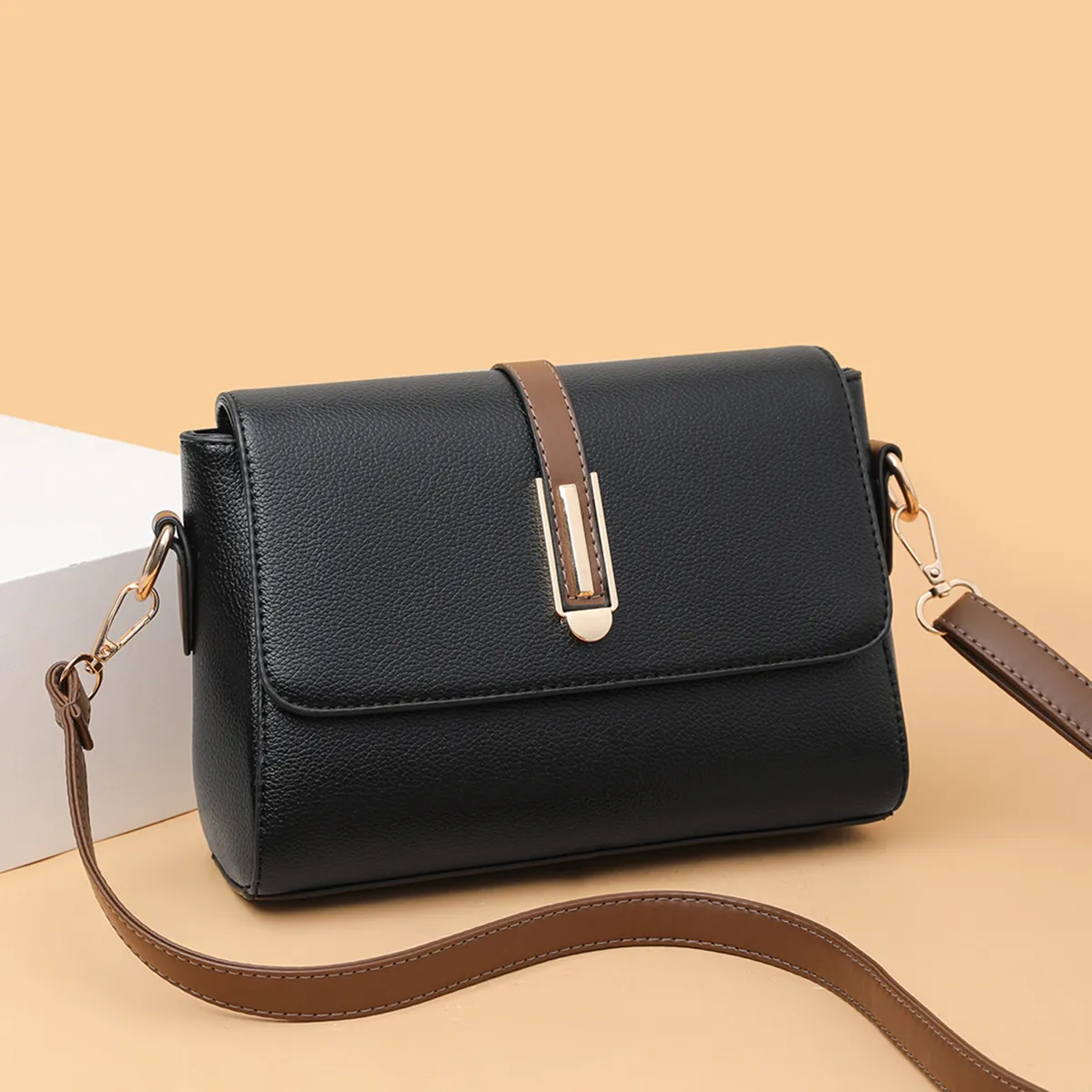 Women Fashionable Diamond Square Flip PU Crossbody Bag