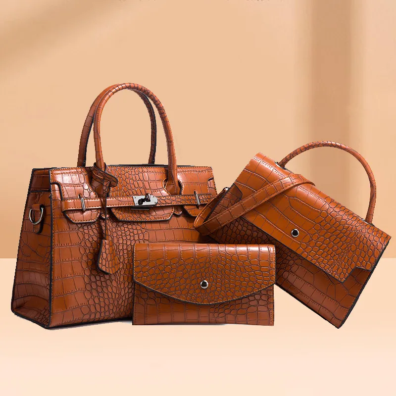 Women Fashion Retro Crocodile Pattern Square Large Capacity 3-In-1 Handbag Set PU Leather Tote