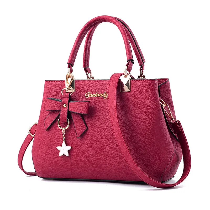 Women Fashion Solid Color Bow Floral Pendant Large Capacity Square Handbag