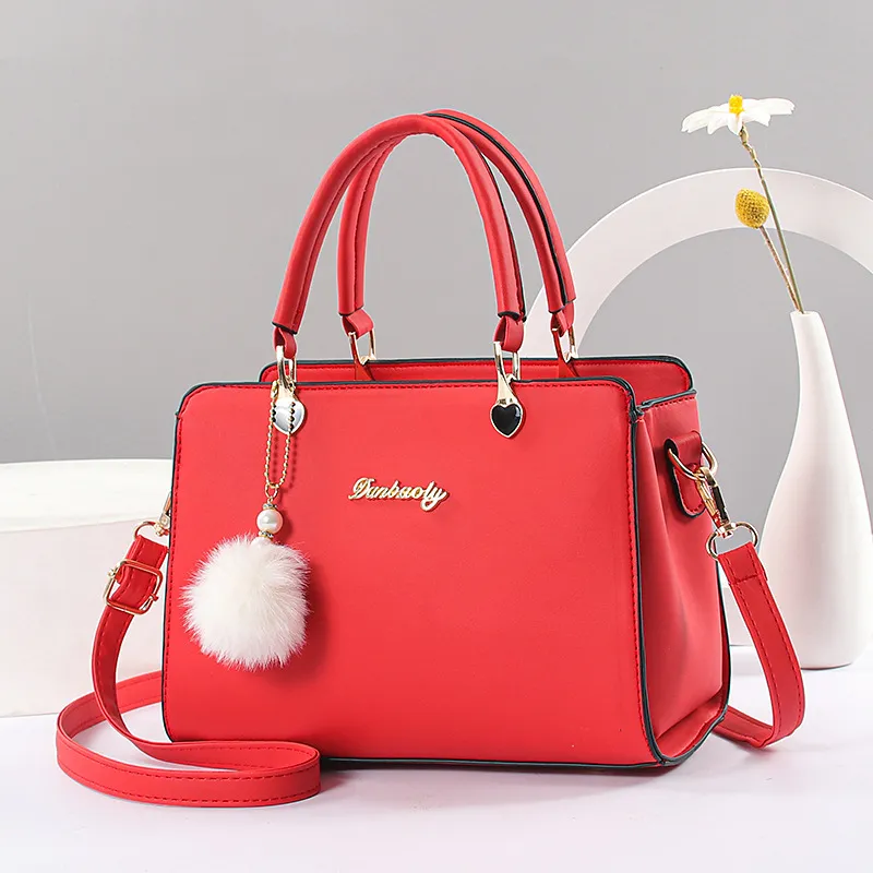Women Fashion Solid Color Large Capacity Hair Ball Pendant Handbag Street Trend PU