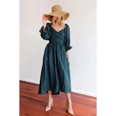 Women Elegant Solid Color Long Sleeve V-Neck Midi Dress