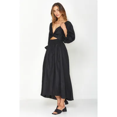 Women Elegant Solid Color Long Sleeve V-Neck Midi Dress