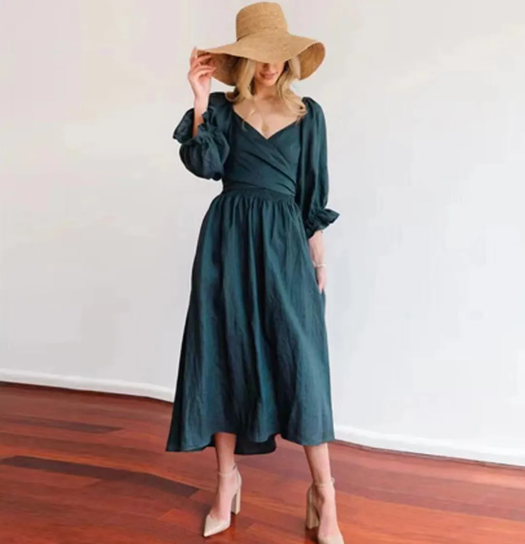 Women Elegant Solid Color Long Sleeve V-Neck Midi Dress