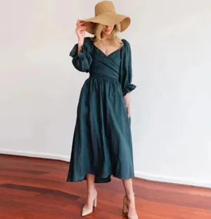Women Elegant Solid Color Long Sleeve V-Neck Midi Dress