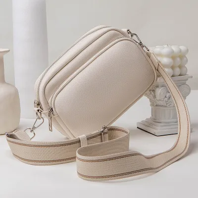 Women Fashion Solid Color Double Zipper Square Wide Shoulder Strap Crossbody Bag