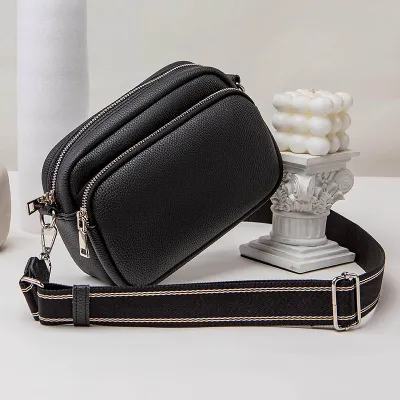 Women Fashion Solid Color Double Zipper Square Wide Shoulder Strap Crossbody Bag