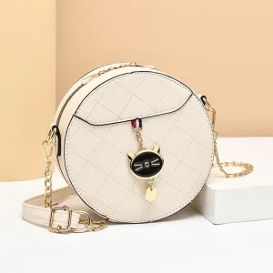 Women Fashionable Solid Color Rhombic Embroidery Cat Pendant Round Chain Crossbody Bag