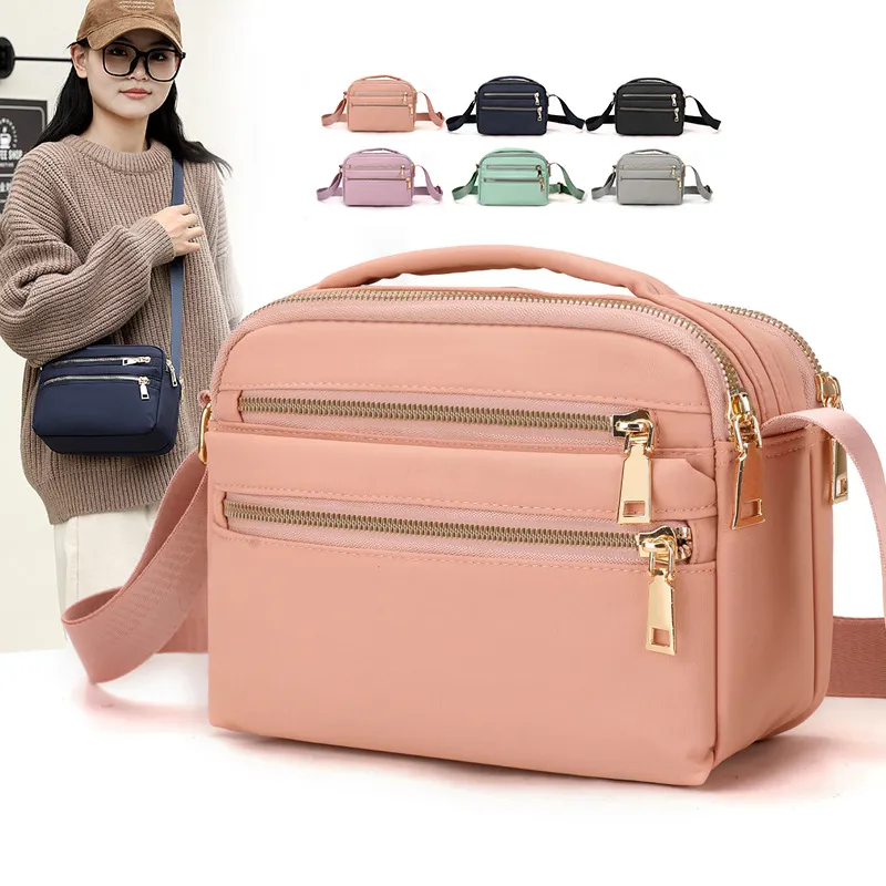 Women Fashionable Multi-Zipper Waterproof Nylon Square Crossbody Bag