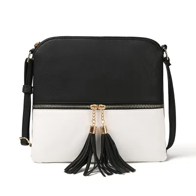 Women Fashion PU Front Pocket Tassel Zipper Square Crossbody Bag