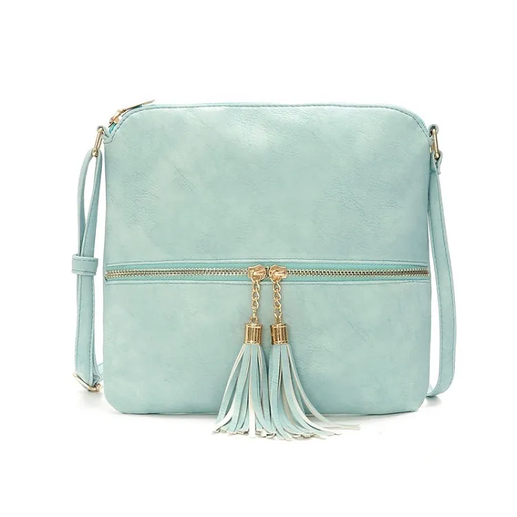 Women Fashion PU Front Pocket Tassel Zipper Square Crossbody Bag