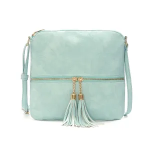 Women Fashion PU Front Pocket Tassel Zipper Square Crossbody Bag