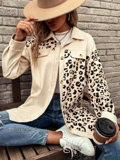 Women Fashion Leopard Print Single-Breasted Long-Sleeved Shirt Coat
