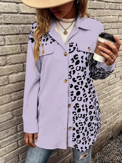 Women Fashion Leopard Print Single-Breasted Long-Sleeved Shirt Coat