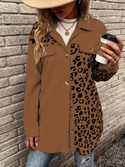 Women Fashion Leopard Print Single-Breasted Long-Sleeved Shirt Coat