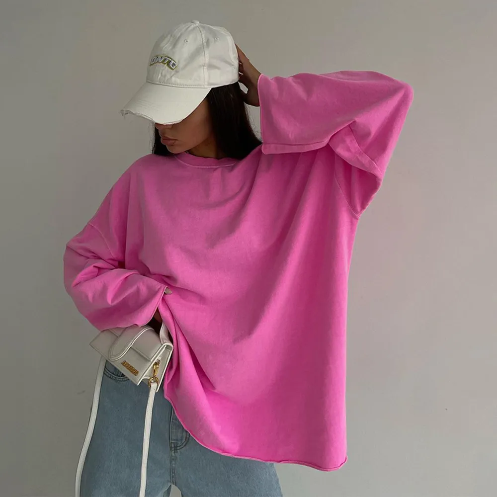Athleisure Women Fashion Solid Color Loose Fit Round Neck Long Sleeve T-Shirt