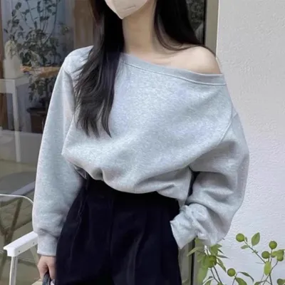 Women Casual Solid Color Boat Neck Long Sleeve Pullover Sweatshirt