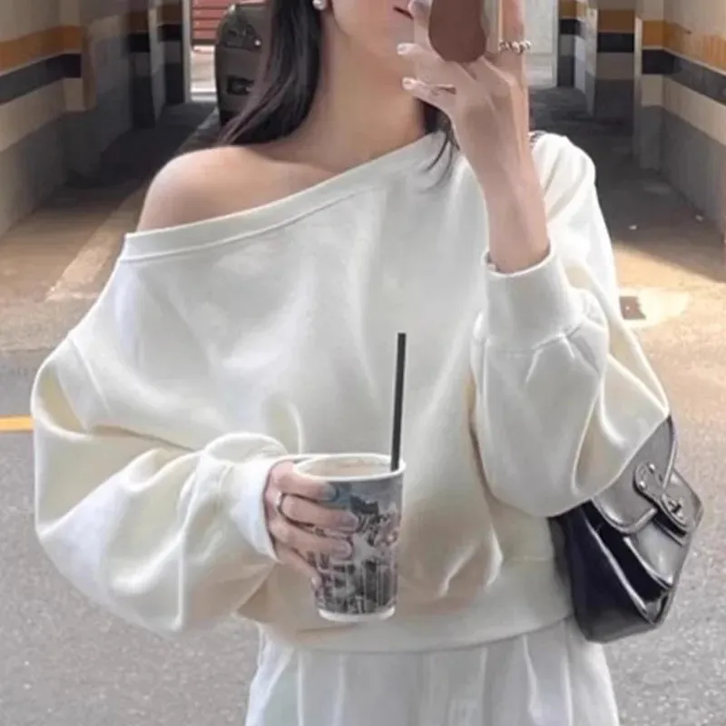 Women Casual Solid Color Boat Neck Long Sleeve Pullover Sweatshirt