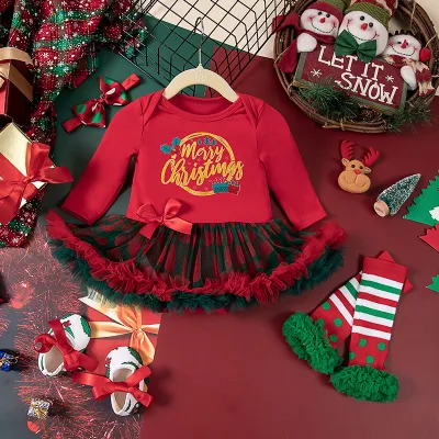Kids Baby Girls Party Christmas Print Long Sleeve Romper Set