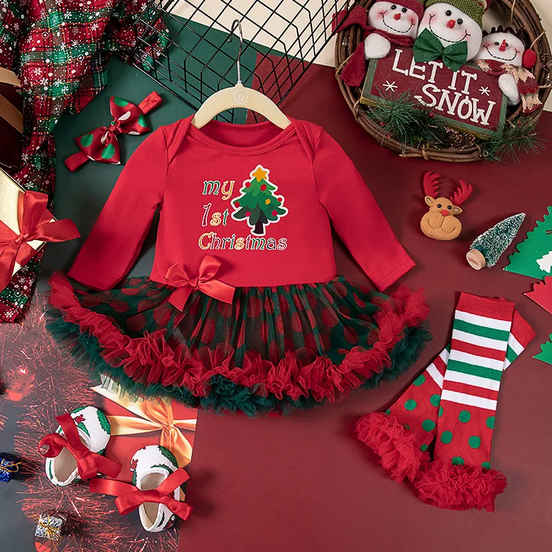 Kids Baby Girls Party Christmas Print Long Sleeve Romper Set