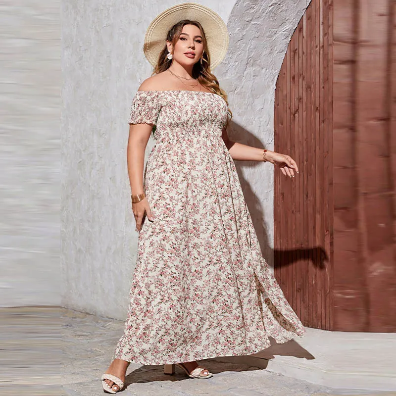 Women Plus Size Off Shoulder Floral Print Short Sleeve Split Dress