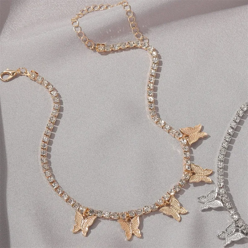 Women Fashion Simple Alloy Rhinestone Butterfly Pendant Necklace