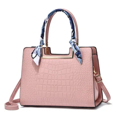 Women's Fashionable Solid Color Stone Pattern PU Large Capacity Tote Bag with Silk Scarf Decoration