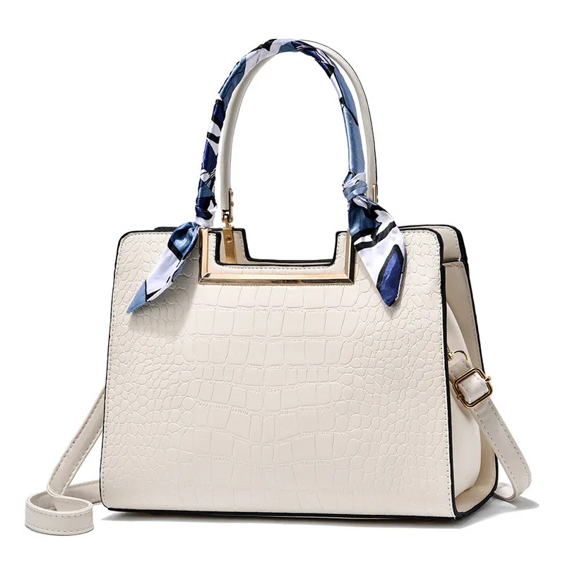 Women's Fashionable Solid Color Stone Pattern PU Large Capacity Tote Bag with Silk Scarf Decoration