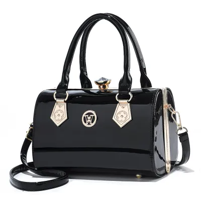 Women Simple Fashion Bright PU Large Capacity Boston Handbag with Single Shoulder Strap