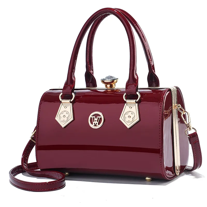 Women Simple Fashion Bright PU Large Capacity Boston Handbag with Single Shoulder Strap