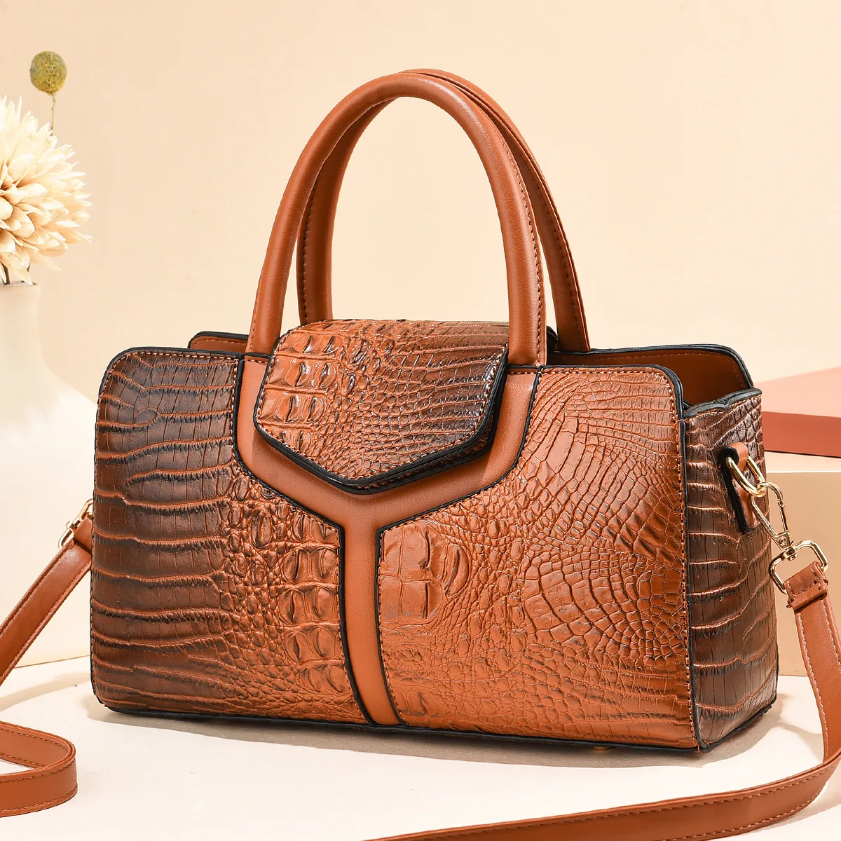 Women Fashion Retro Crocodile Print Large Capacity Square PU Tote Handbag