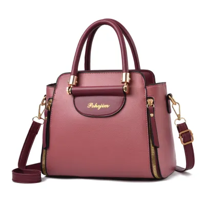 Women Fashionable Solid Color Large Capacity Double Zip PU Handbag