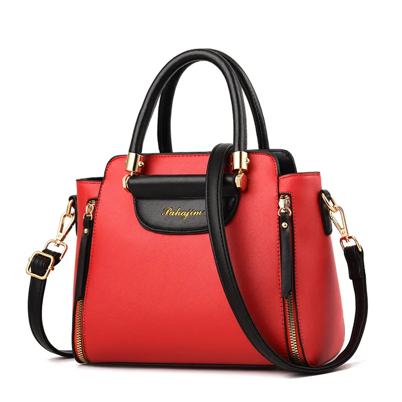 Women Fashionable Solid Color Large Capacity Double Zip PU Handbag