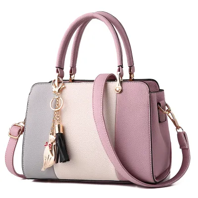 Women Simple Fashion Color Block Tassel Pendant Large Capacity Handbag