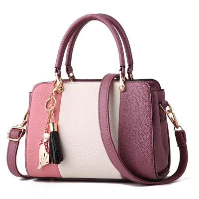 Women Simple Fashion Color Block Tassel Pendant Large Capacity Handbag