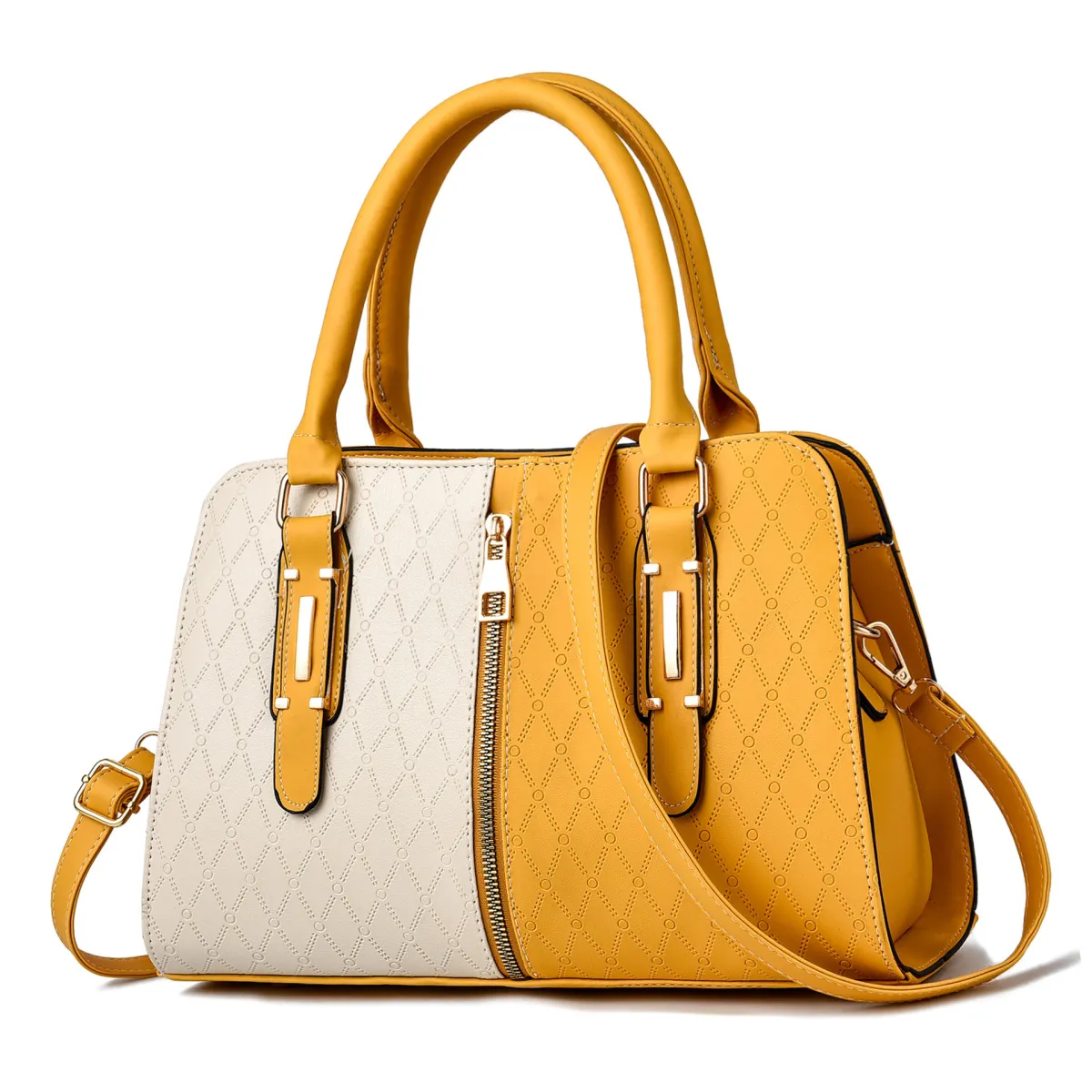Women Fashion Colorblock Large Capacity Square Zipper PU Tote Bag