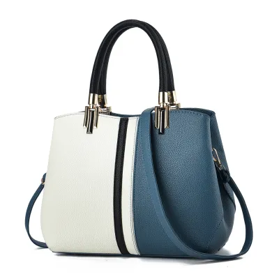 Women Fashion Large Capacity Color Block PU Tote Handbag with Zipper Closure