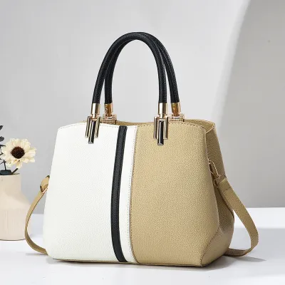 Women Fashion Large Capacity Color Block PU Tote Handbag with Zipper Closure