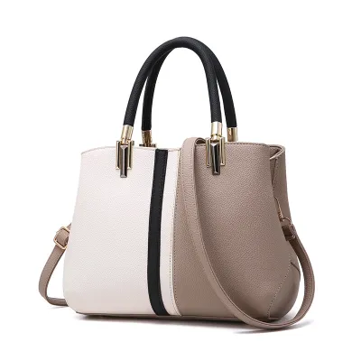 Women Fashion Large Capacity Color Block PU Tote Handbag with Zipper Closure